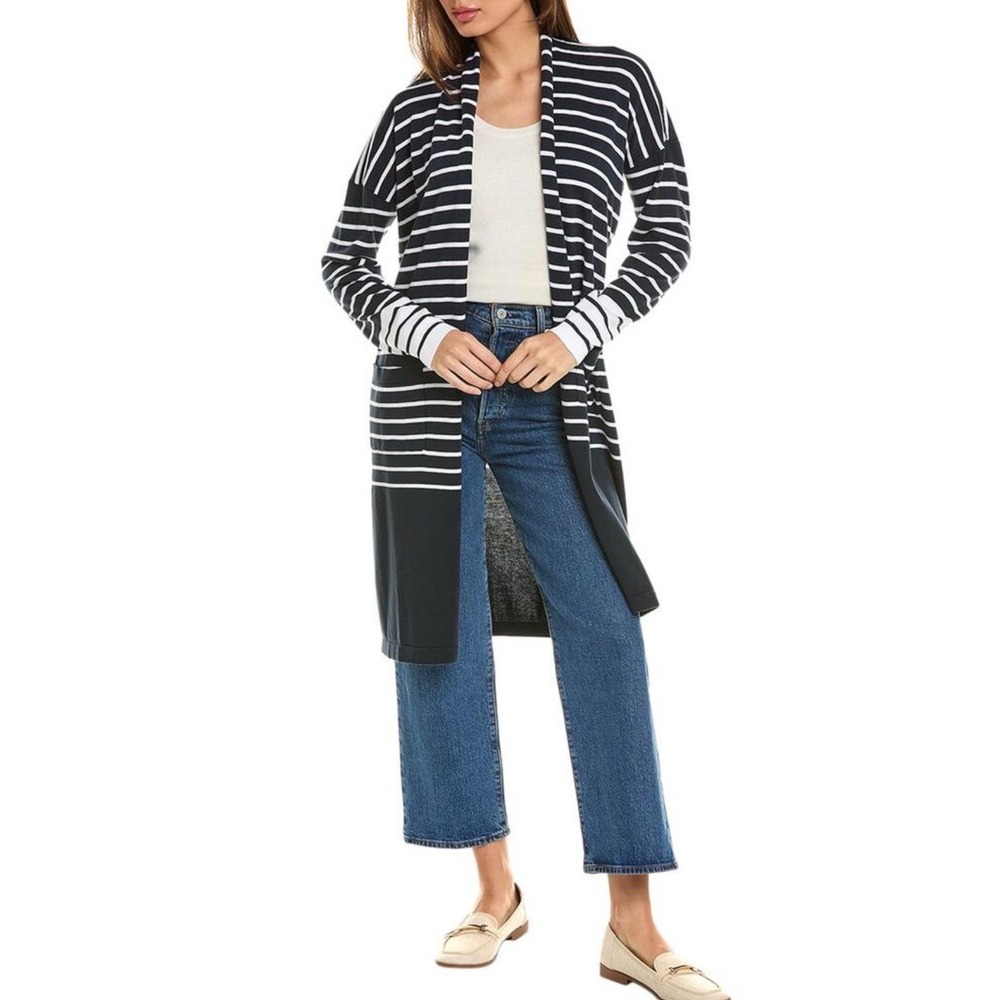 Cabi Boathouse cardigan navy white stripes open front, patch pockets XS NWOT